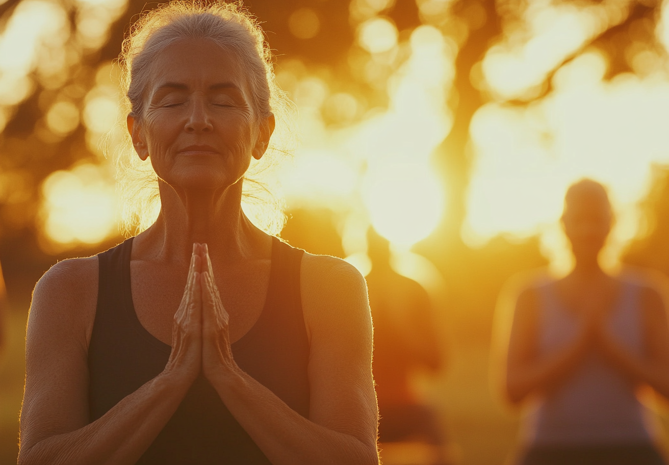 Възрастна жена практикува йога